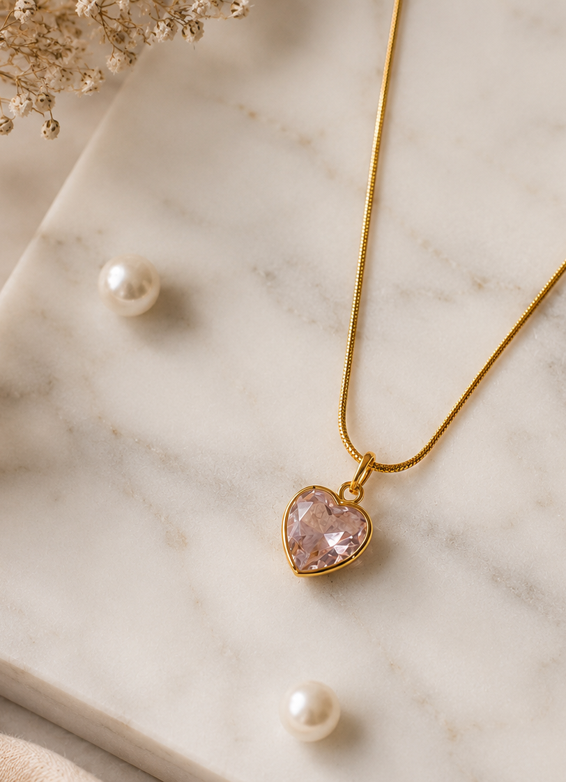 Pink Heart Crystal Pendant Necklace