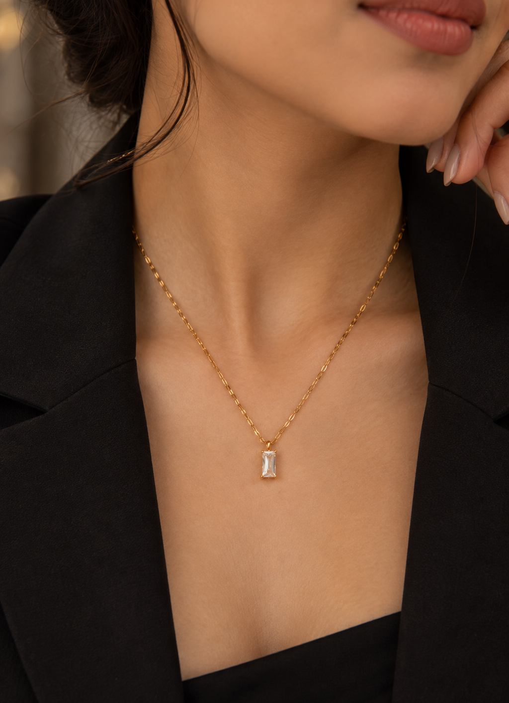 Elegant Clear Crystal Rectangle Necklace