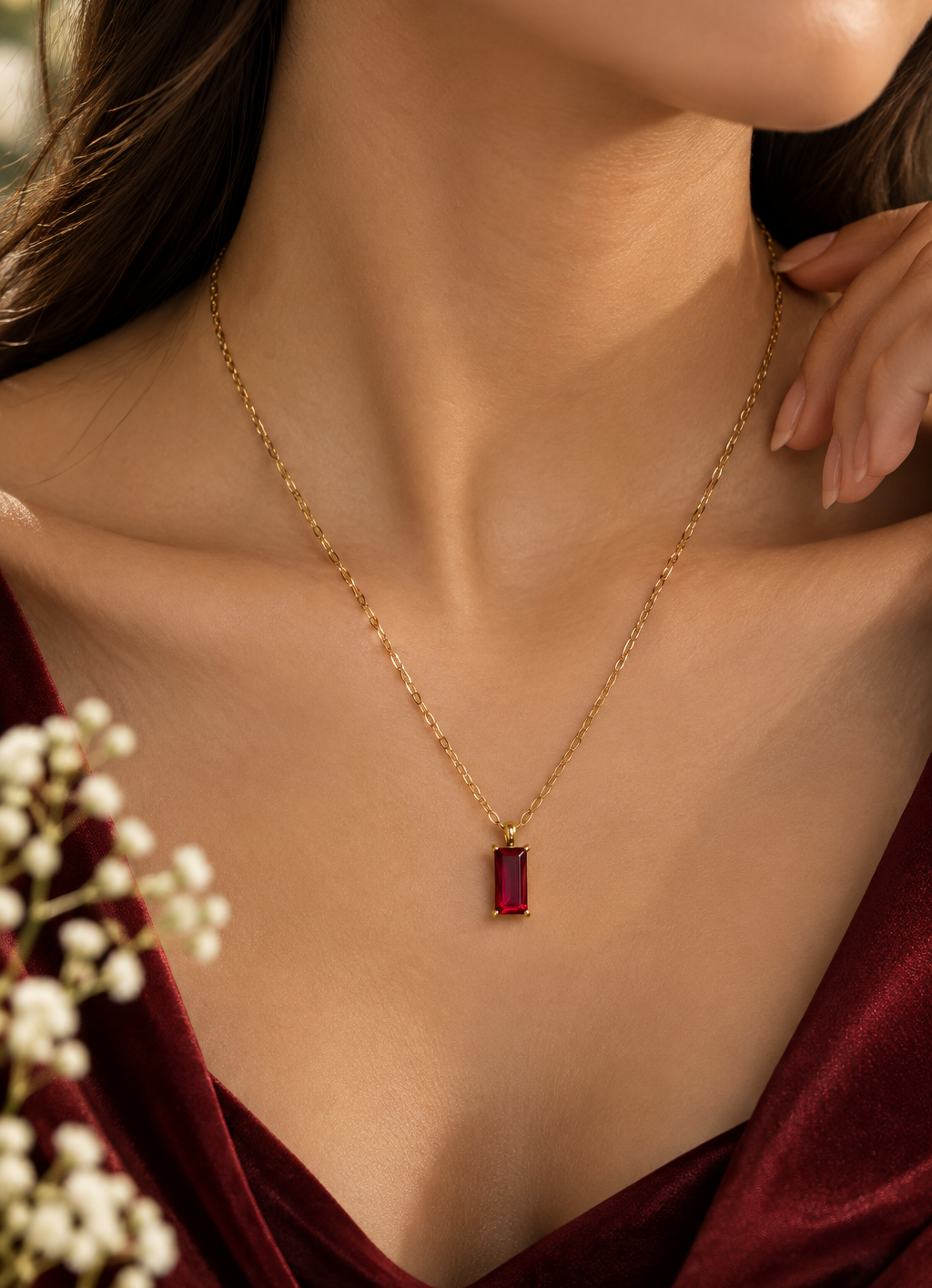 Maroon Rectangle Pendant Necklace