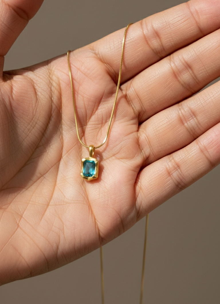 Blue Curved Gemstone Pendant Necklace
