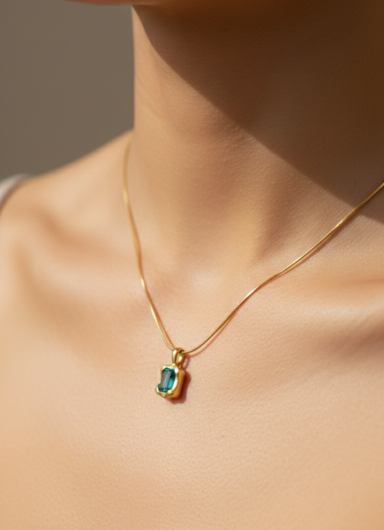 Blue Curved Gemstone Pendant Necklace