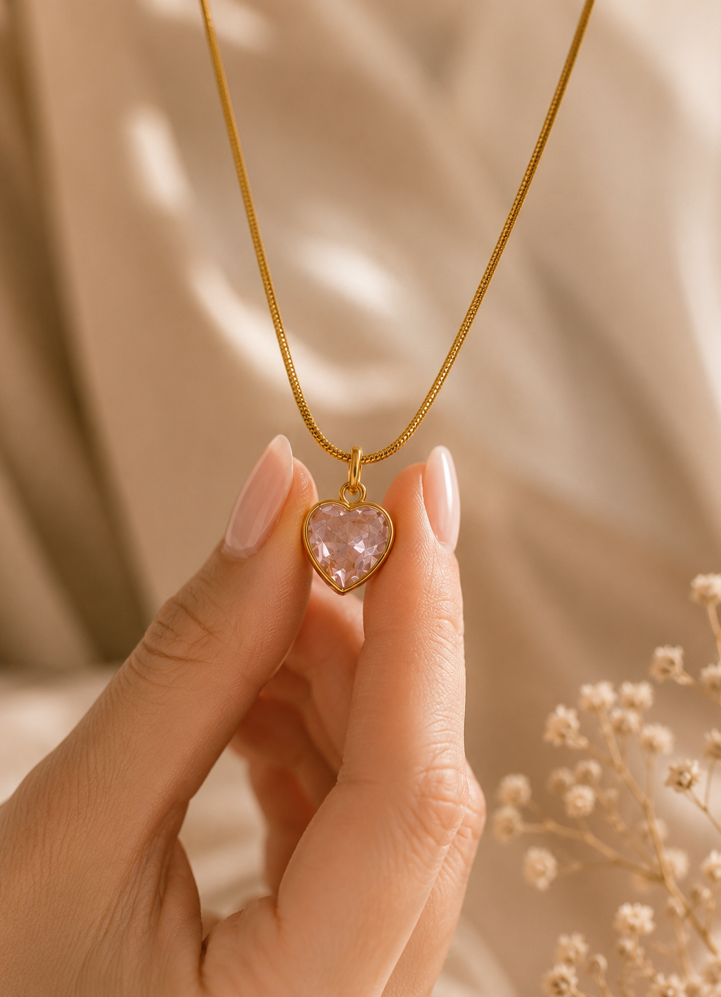 Pink Heart Crystal Pendant Necklace